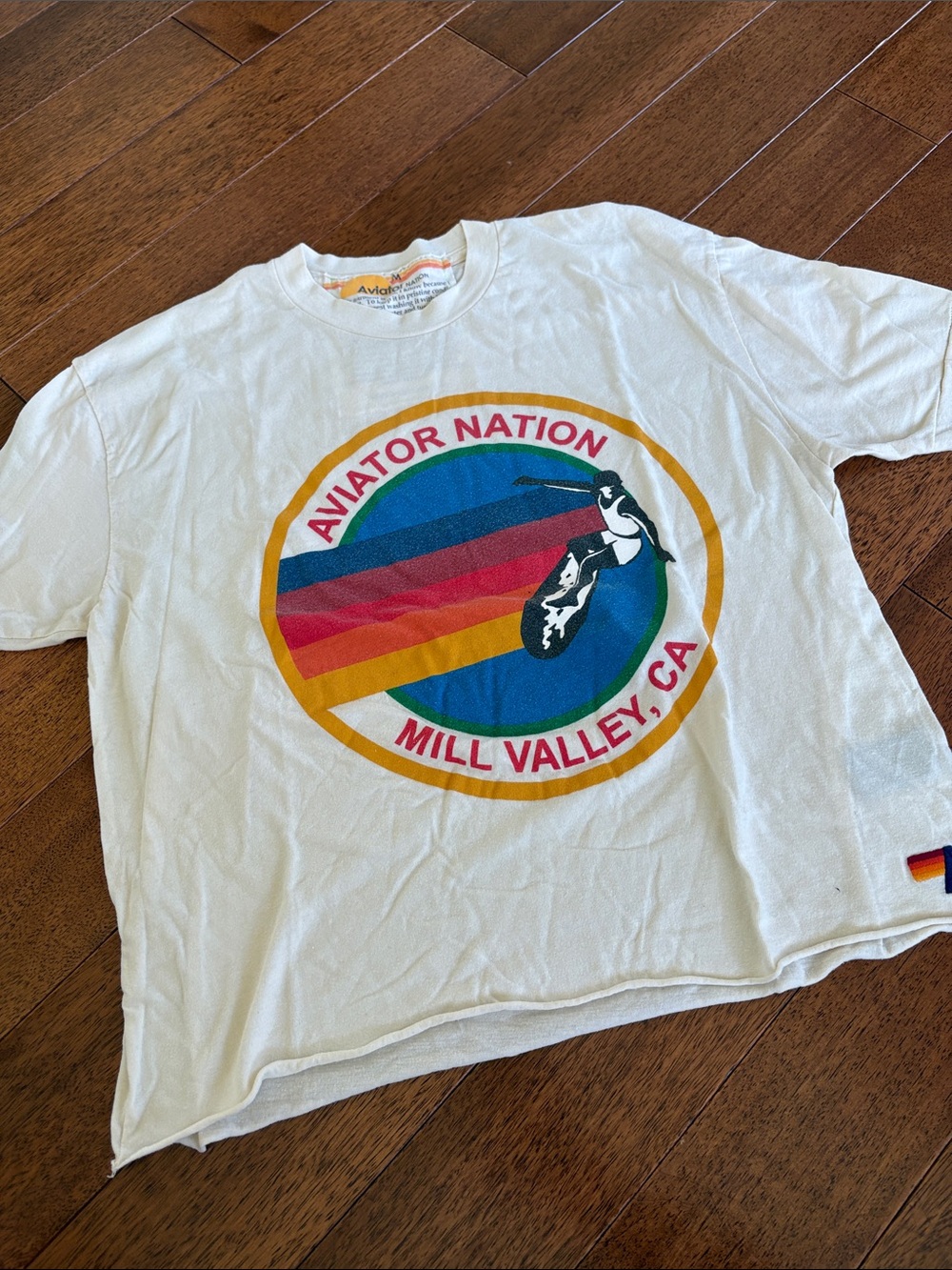 Aviator Nation White Vintage Surf Graphic Tee with Rainbow Stripes